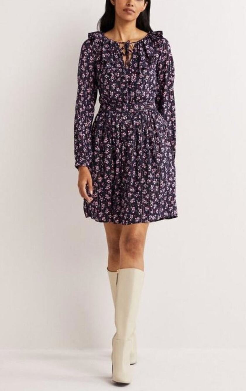 BODEN Metallic Frill Ruffle Detail Mini Fall Dress Navy Berry Sprig Floral Large